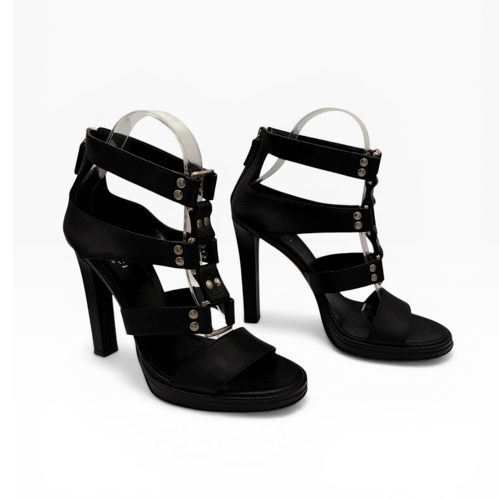Gucci Cage Gladiator Sandals 38 Black Leather Studded‎ Strappy Heels Sandal